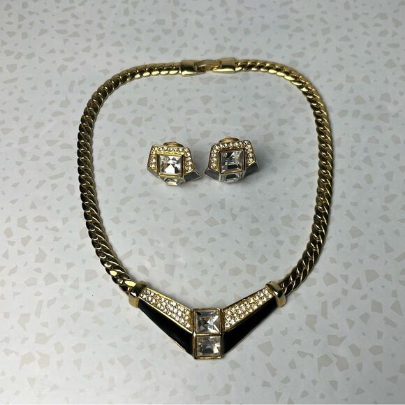 Park Lane Gold Tone Black Enamel Rhinestone Collar Bib Necklace & Earrings - Picture 1 of 9